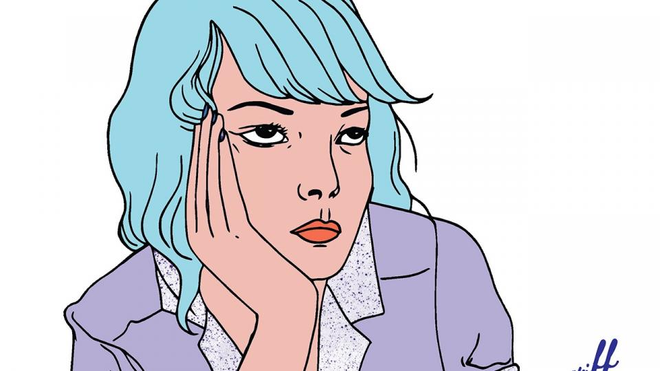 Couverture du livre "Pourquoi les filles ont mal au ventre ?". L'illustration représente une jeune fille à l'ai blasée, la chemise mauve et les cheveux bleus.