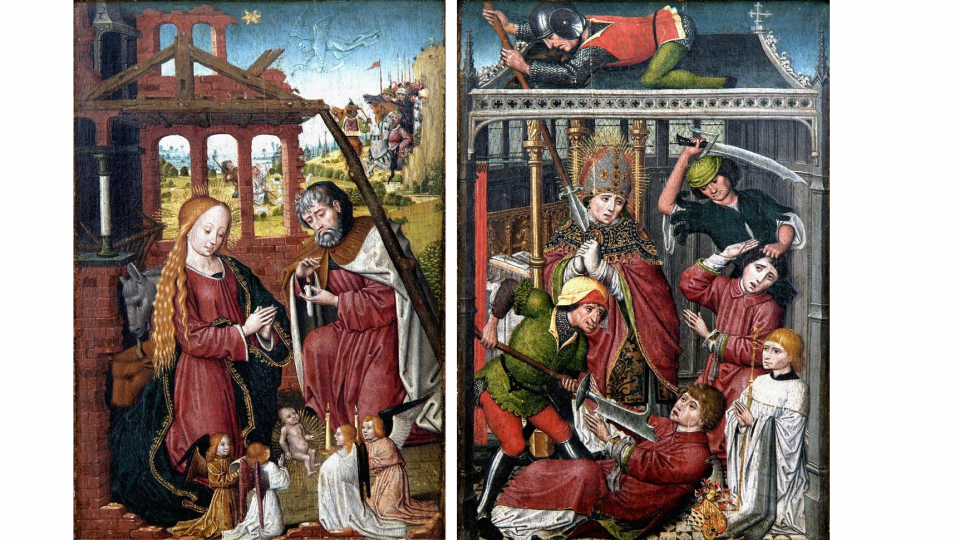 Diptyque de Palude ouvert présentant, à gauche, une scène de nativité et à droite, le martyr de Saint-Lambert