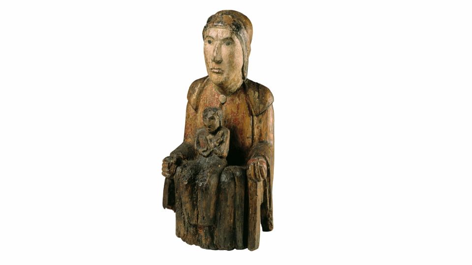 Sedes Sapientae aussi appelée "Vierge d'Evegnée". Statue de bois où la Vierge ne semble faire qu'un avec son siège et sert elle-même de siège à son fils, qui incarne la sagesse.